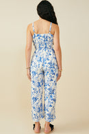 HY9656 Blue Womens Monochrome Floral Smocked Waist Jumpsuit Back