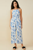 HY9656 Blue Womens Monochrome Floral Smocked Waist Jumpsuit Front