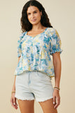 HY9659 Blue Womens Watercolor Floral V Neck Ruffled Peplum Top Front