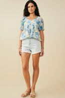 HY9659 Blue Womens Watercolor Floral V Neck Ruffled Peplum Top Gif