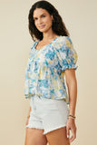 HY9659 Blue Womens Watercolor Floral V Neck Ruffled Peplum Top Full Body