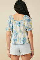 HY9659 Blue Womens Watercolor Floral V Neck Ruffled Peplum Top Side