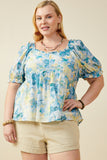 HY9659W Blue Plus Watercolor Floral V Neck Ruffled Peplum Top Front