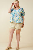 HY9659 Blue Womens Watercolor Floral V Neck Ruffled Peplum Top Back