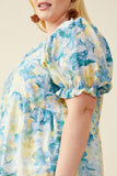 HY9659W Blue Plus Watercolor Floral V Neck Ruffled Peplum Top Gif