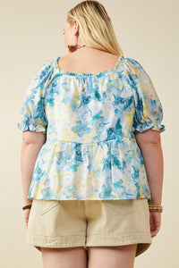 HY9659W Blue Plus Watercolor Floral V Neck Ruffled Peplum Top Full Body