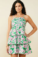 HY9662 Green Womens Bold Floral Pleated Bodice Tiered Mini Tank Dress Front