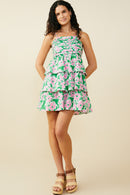 HY9662 Green Womens Bold Floral Pleated Bodice Tiered Mini Tank Dress Gif