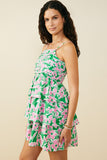 HY9662 Green Womens Bold Floral Pleated Bodice Tiered Mini Tank Dress Full Body