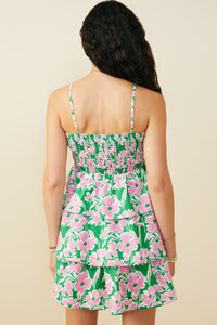 HY9662 Green Womens Bold Floral Pleated Bodice Tiered Mini Tank Dress Side