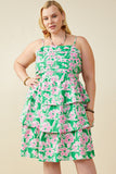 HY9662W Green Plus Bold Floral Pleated Bodice Tiered Mini Tank Dress Front