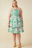 HY9662 Green Womens Bold Floral Pleated Bodice Tiered Mini Tank Dress Back