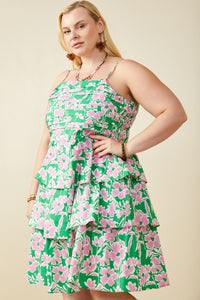 HY9662W Green Plus Bold Floral Pleated Bodice Tiered Mini Tank Dress Gif