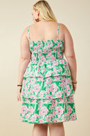 HY9662W Green Plus Bold Floral Pleated Bodice Tiered Mini Tank Dress Full Body