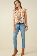 Foliage Print Pleated Ruffled Detail Top