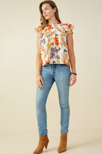 Foliage Print Pleated Ruffled Detail Top