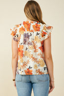 Foliage Print Pleated Ruffled Detail Top