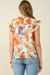 Foliage Print Pleated Ruffled Detail Top