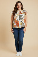 Foliage Print Pleated Ruffled Detail Top