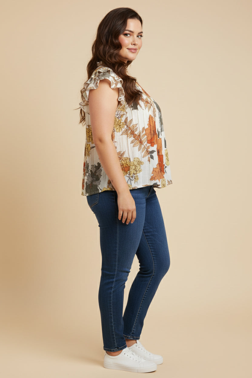 Foliage Print Pleated Ruffled Detail Top