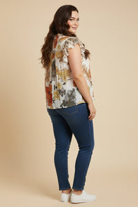 Foliage Print Pleated Ruffled Detail Top