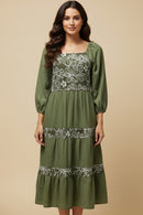 Embroidered Floral Contrast Long Sleeve Dress