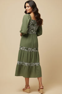 Embroidered Floral Contrast Long Sleeve Dress
