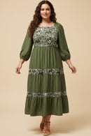 Embroidered Floral Contrast Long Sleeve Dress