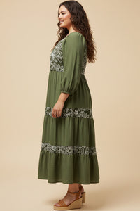 Embroidered Floral Contrast Long Sleeve Dress