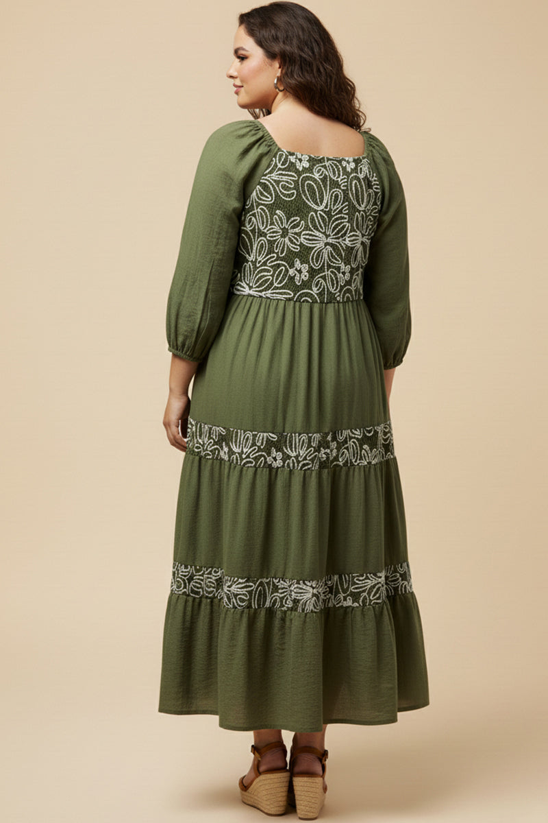 Embroidered Floral Contrast Long Sleeve Dress