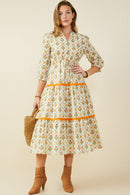 Block Print Contrast Lace Detail Ruffle Neck Dress
