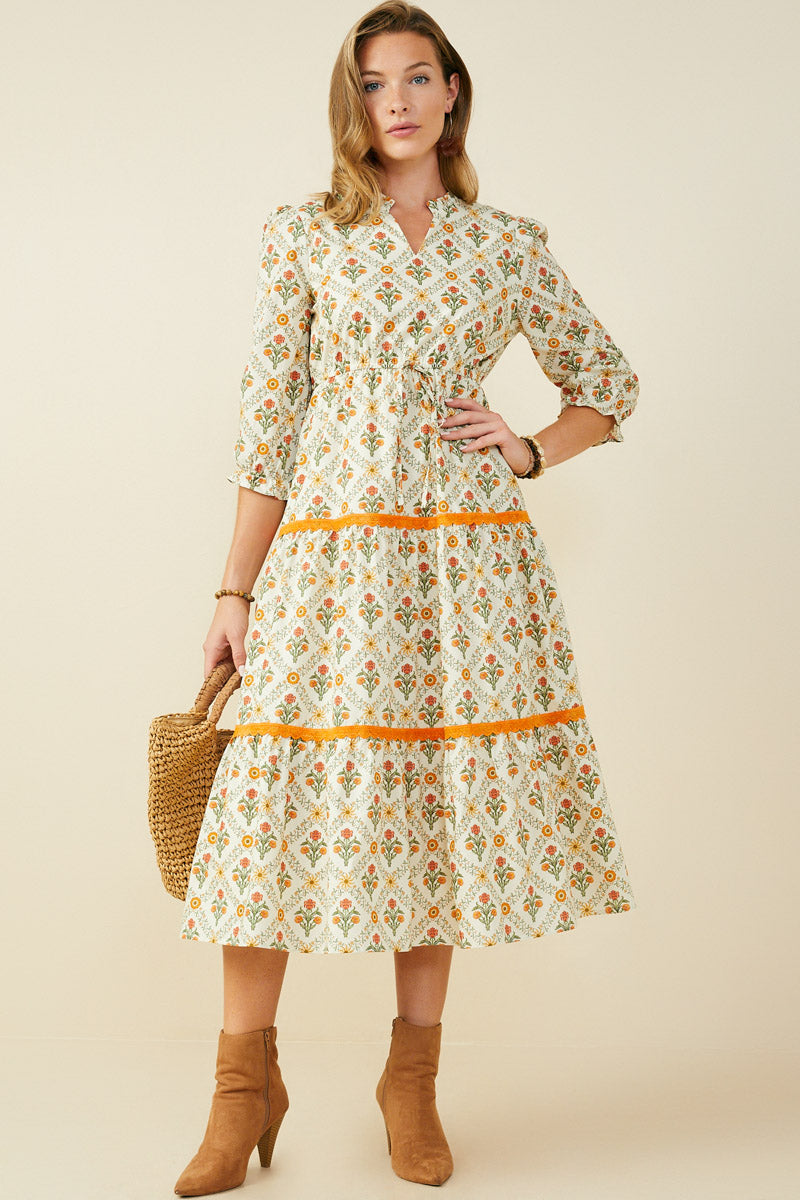 Block Print Contrast Lace Detail Ruffle Neck Dress