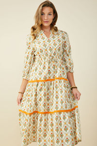 Block Print Contrast Lace Detail Ruffle Neck Dress