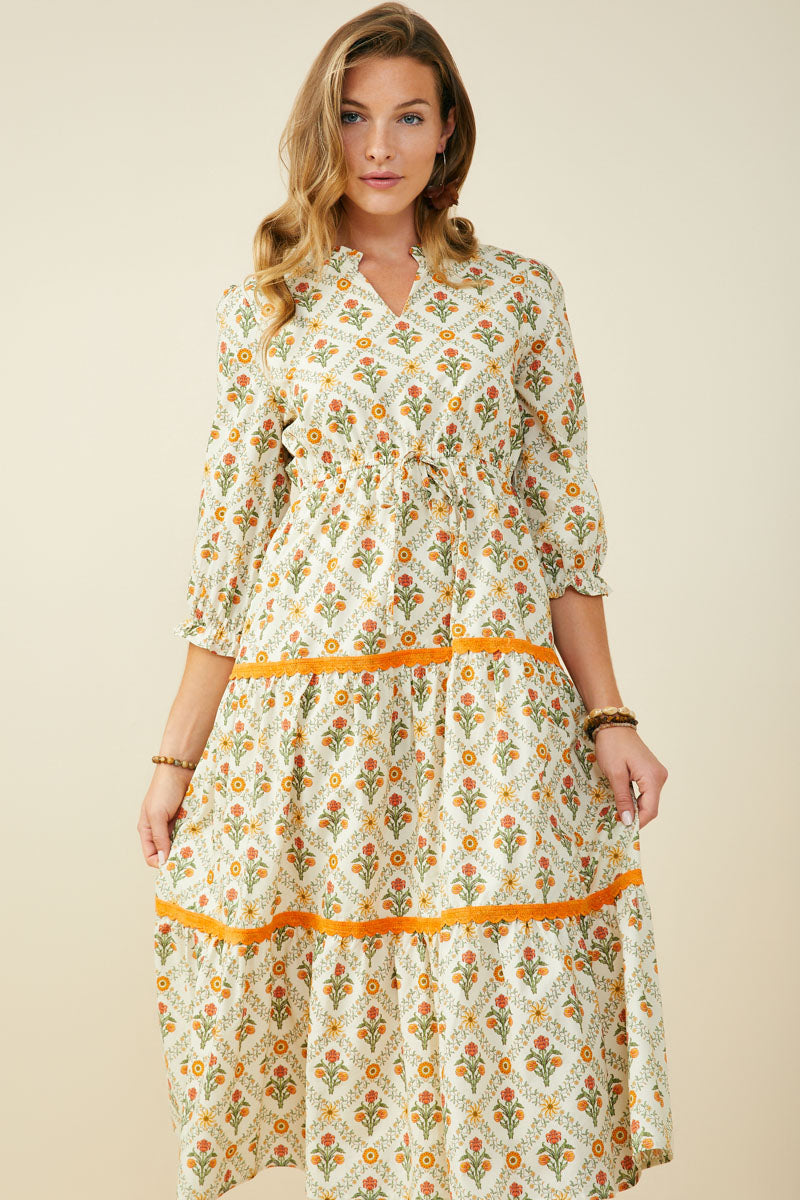 Block Print Contrast Lace Detail Ruffle Neck Dress