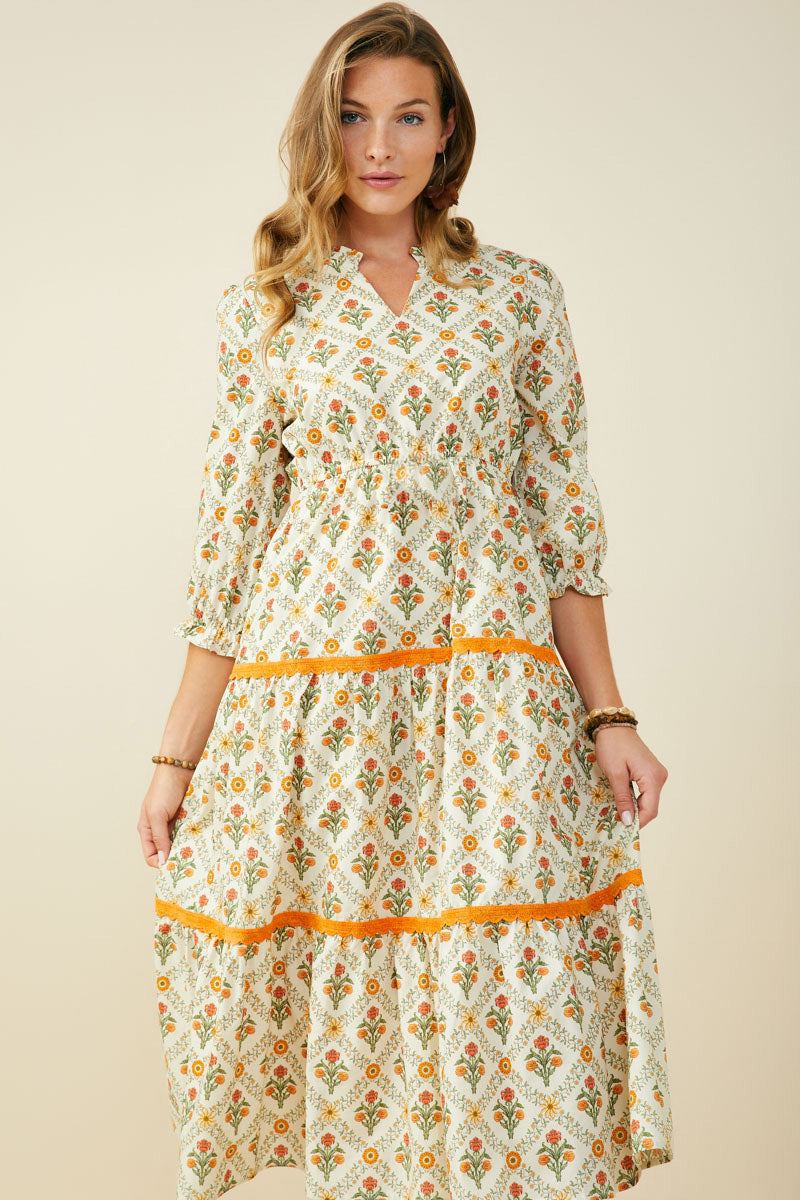 Block Print Contrast Lace Detail Ruffle Neck Dress