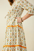 Block Print Contrast Lace Detail Ruffle Neck Dress