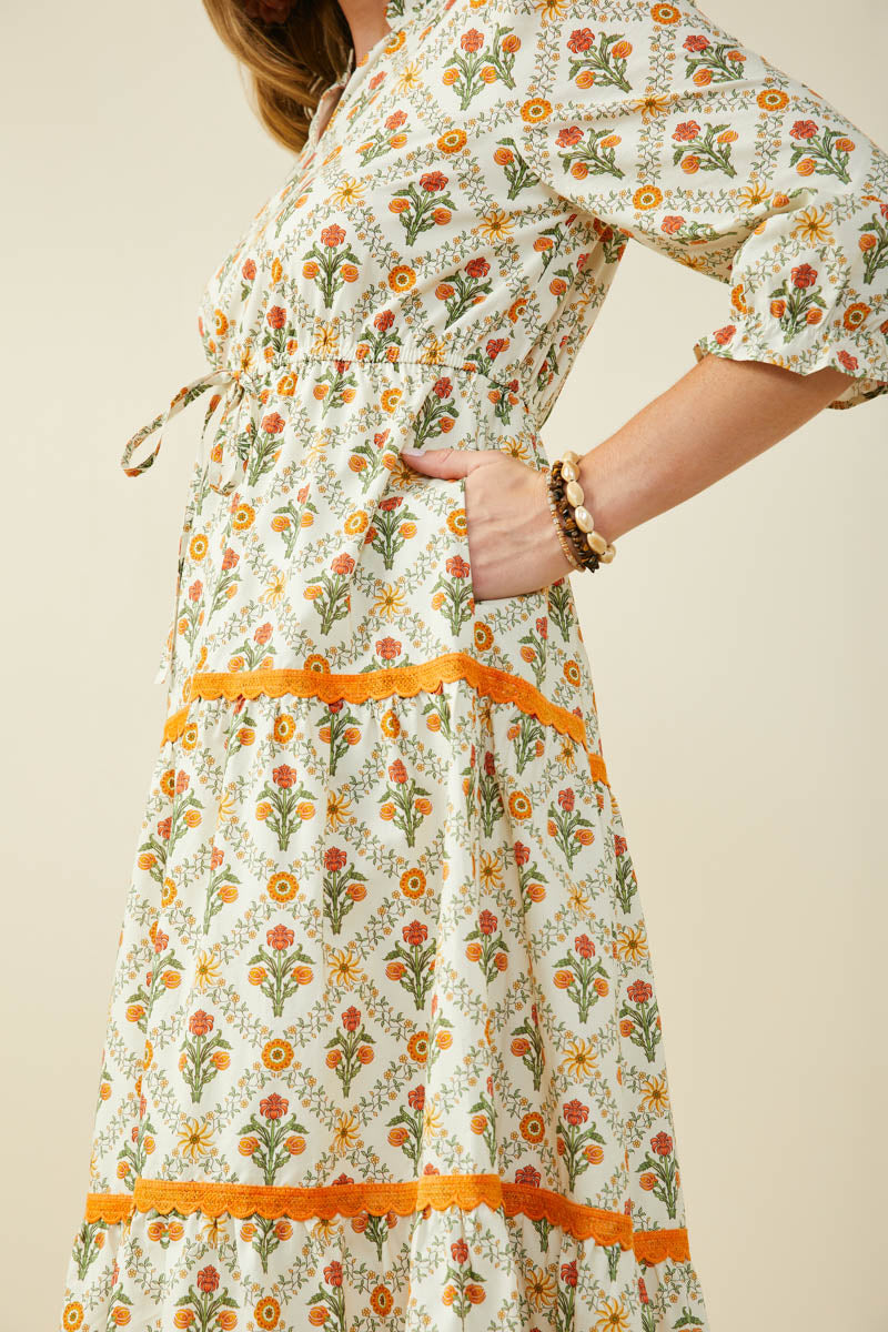Block Print Contrast Lace Detail Ruffle Neck Dress