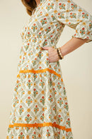 Block Print Contrast Lace Detail Ruffle Neck Dress