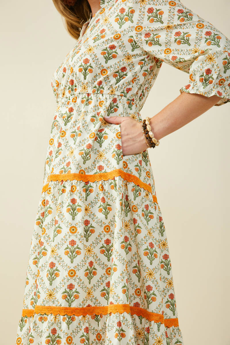 Block Print Contrast Lace Detail Ruffle Neck Dress