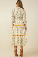 Block Print Contrast Lace Detail Ruffle Neck Dress