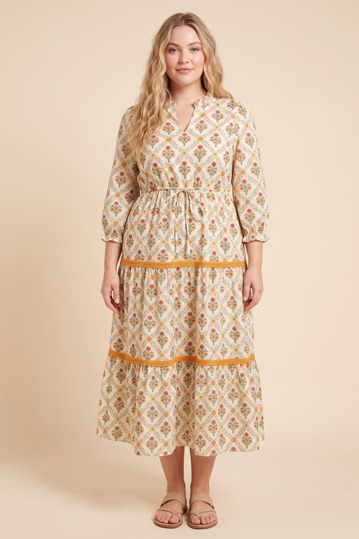 Block Print Contrast Lace Detail Ruffle Neck Dress