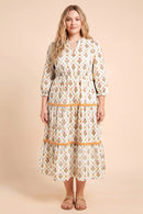 Block Print Contrast Lace Detail Ruffle Neck Dress