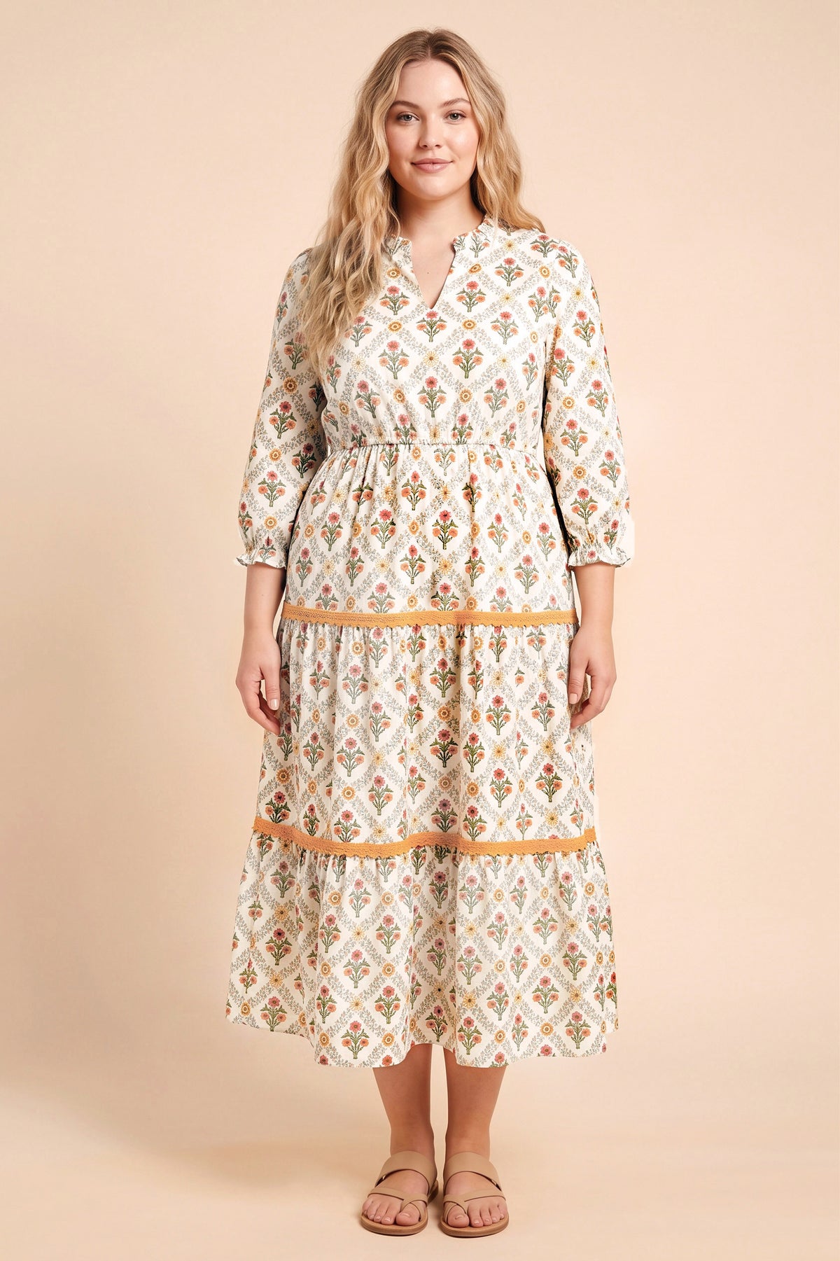 Block Print Contrast Lace Detail Ruffle Neck Dress