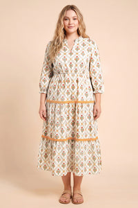Block Print Contrast Lace Detail Ruffle Neck Dress