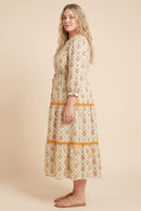 Block Print Contrast Lace Detail Ruffle Neck Dress