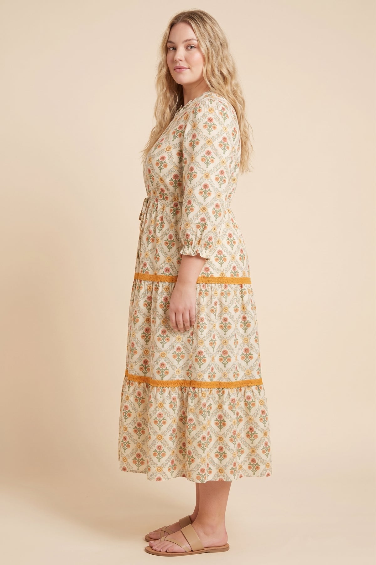 Block Print Contrast Lace Detail Ruffle Neck Dress