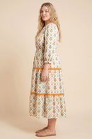 Block Print Contrast Lace Detail Ruffle Neck Dress