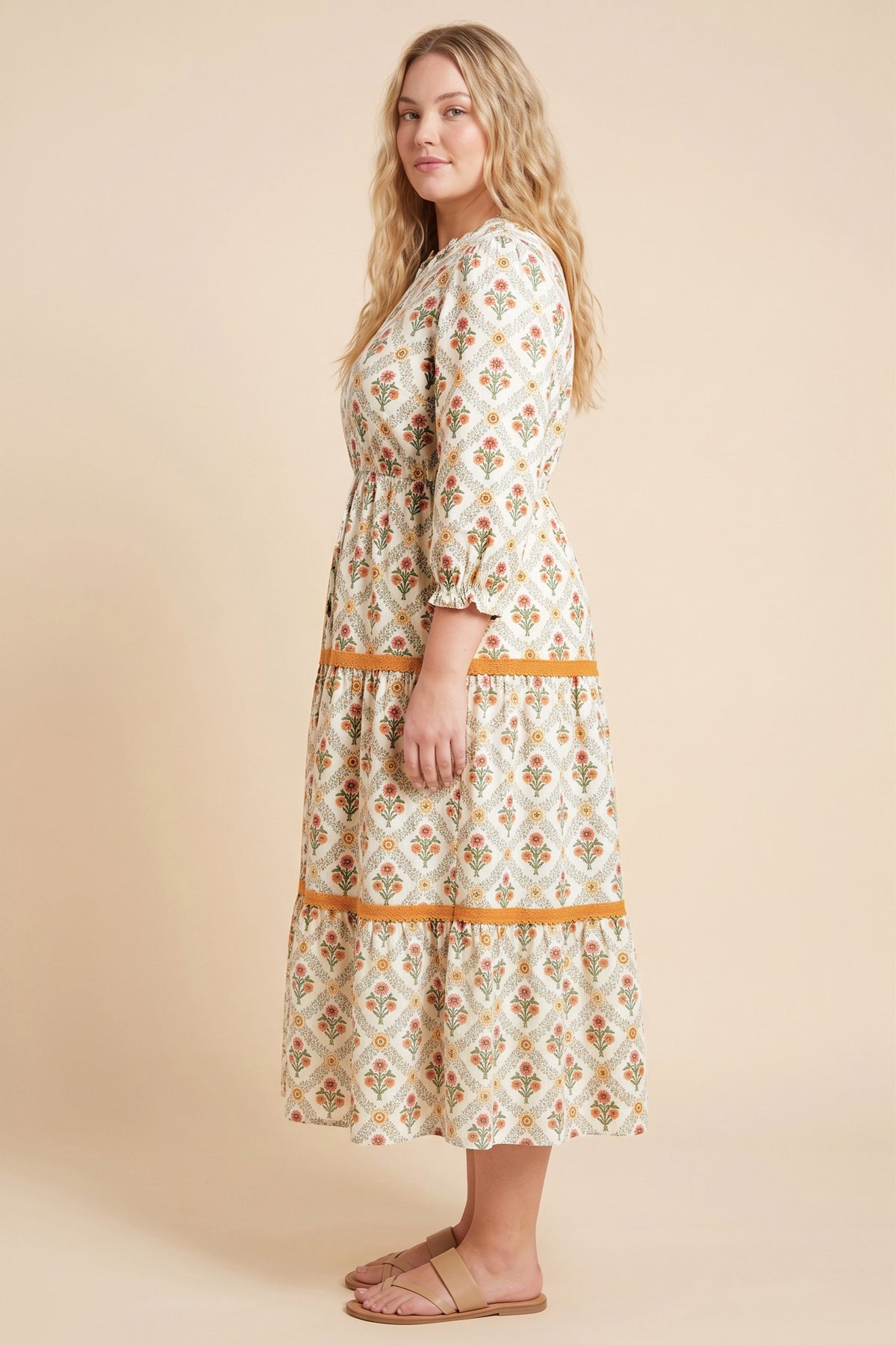 Block Print Contrast Lace Detail Ruffle Neck Dress