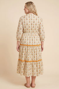 Block Print Contrast Lace Detail Ruffle Neck Dress