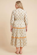 Block Print Contrast Lace Detail Ruffle Neck Dress